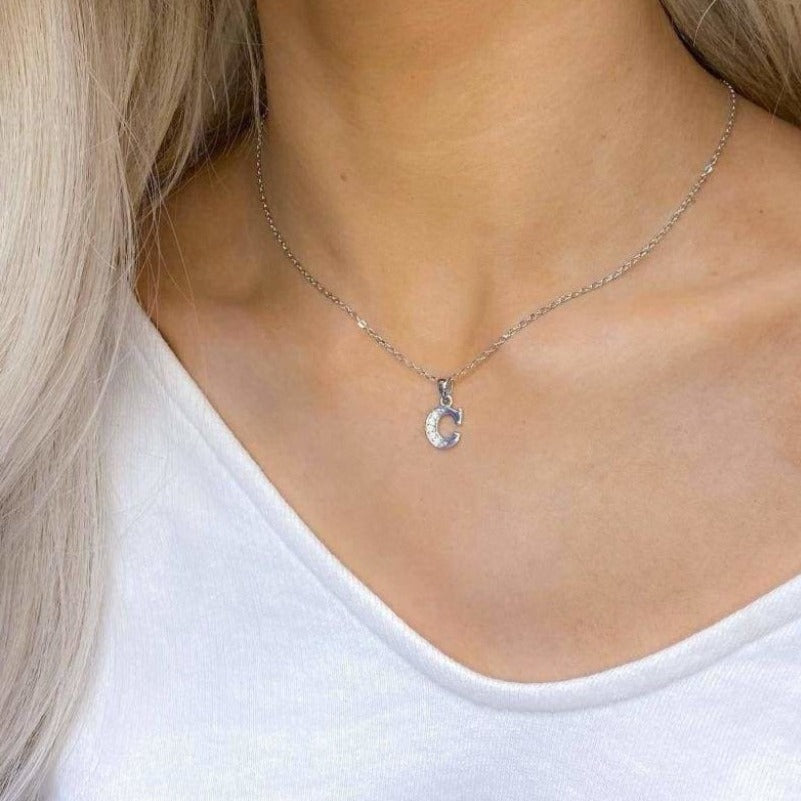 Woman wearing Sterling Silver C Initial Necklace_2
