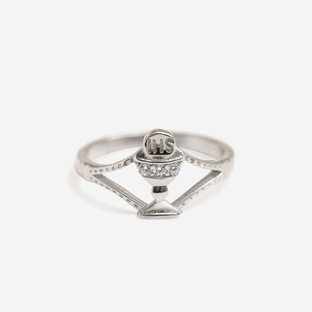 Silver chalice ring on white background