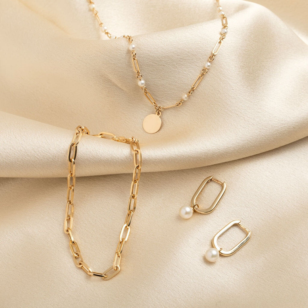 Paperclip Pearl Huggie Earrings | 9ct Gold
