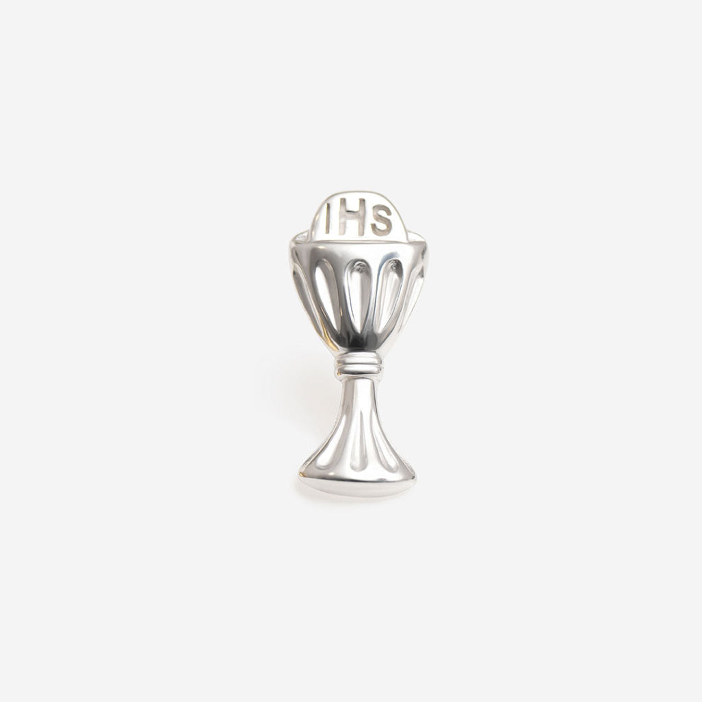 Silver chalice tie rack on white background