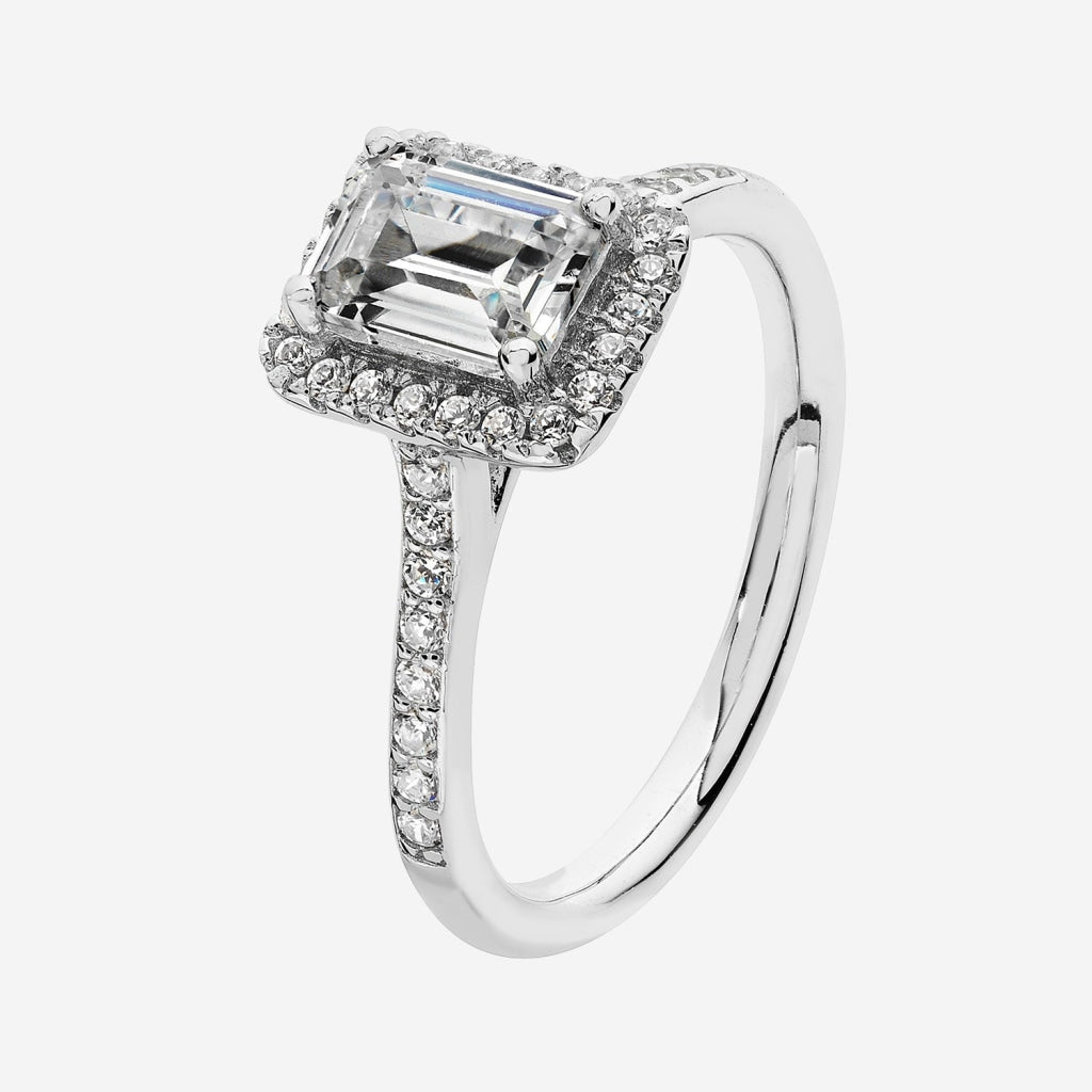 CZ Emerald Cut Halo Ring | Sterling Silver - Rings