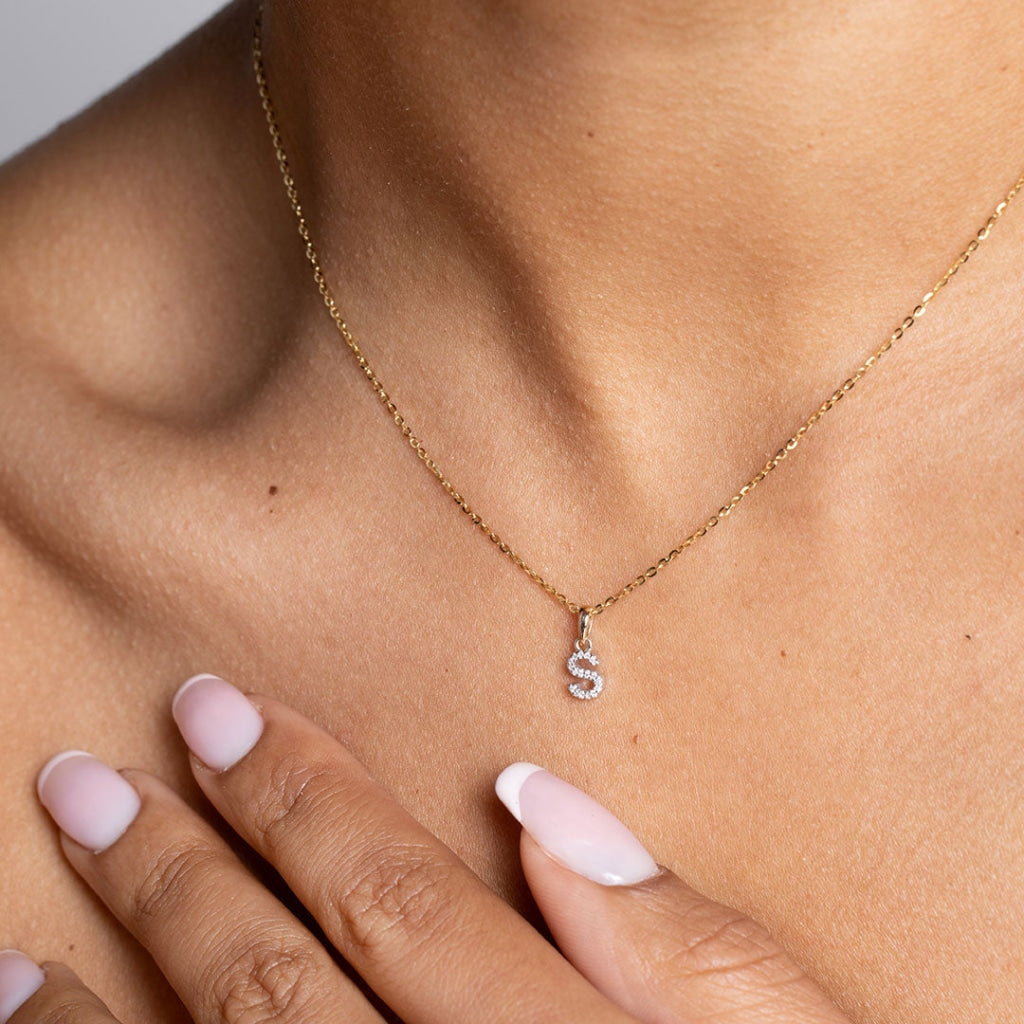 Model wearing Diamond - S - Necklace | 9ct Gold