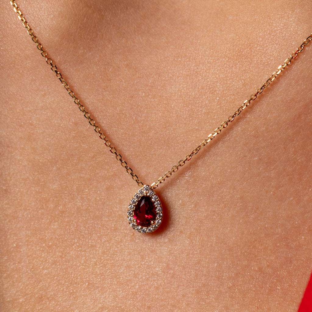 DROP OF COLOUR NECKLACE RED - displayed on ladies neck up-close