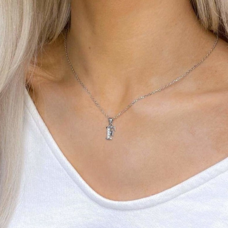 Woman wearing Sterling Silver F Initial Necklace_new