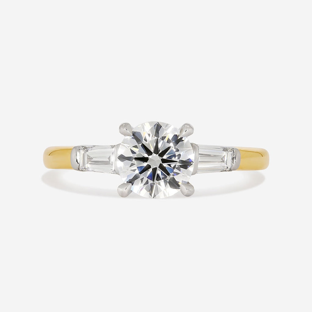 Lab grown diamond engagement ring with baguette shoulder diamonds