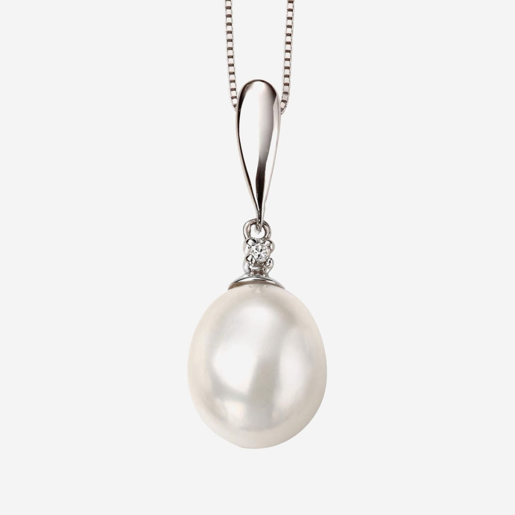 An elegant white gold necklace with a single large pearl pendant.