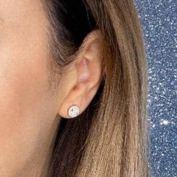 Woman wearing 9ct gold Classic Halo Earrings | Gear Jewellers Dublin