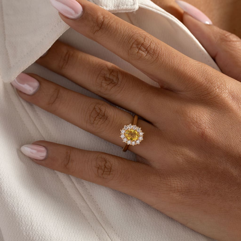 close up of yellow sapphire engagement ring