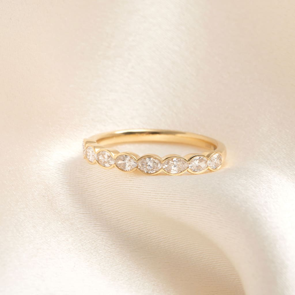 close up of yellow gold bezel set ring