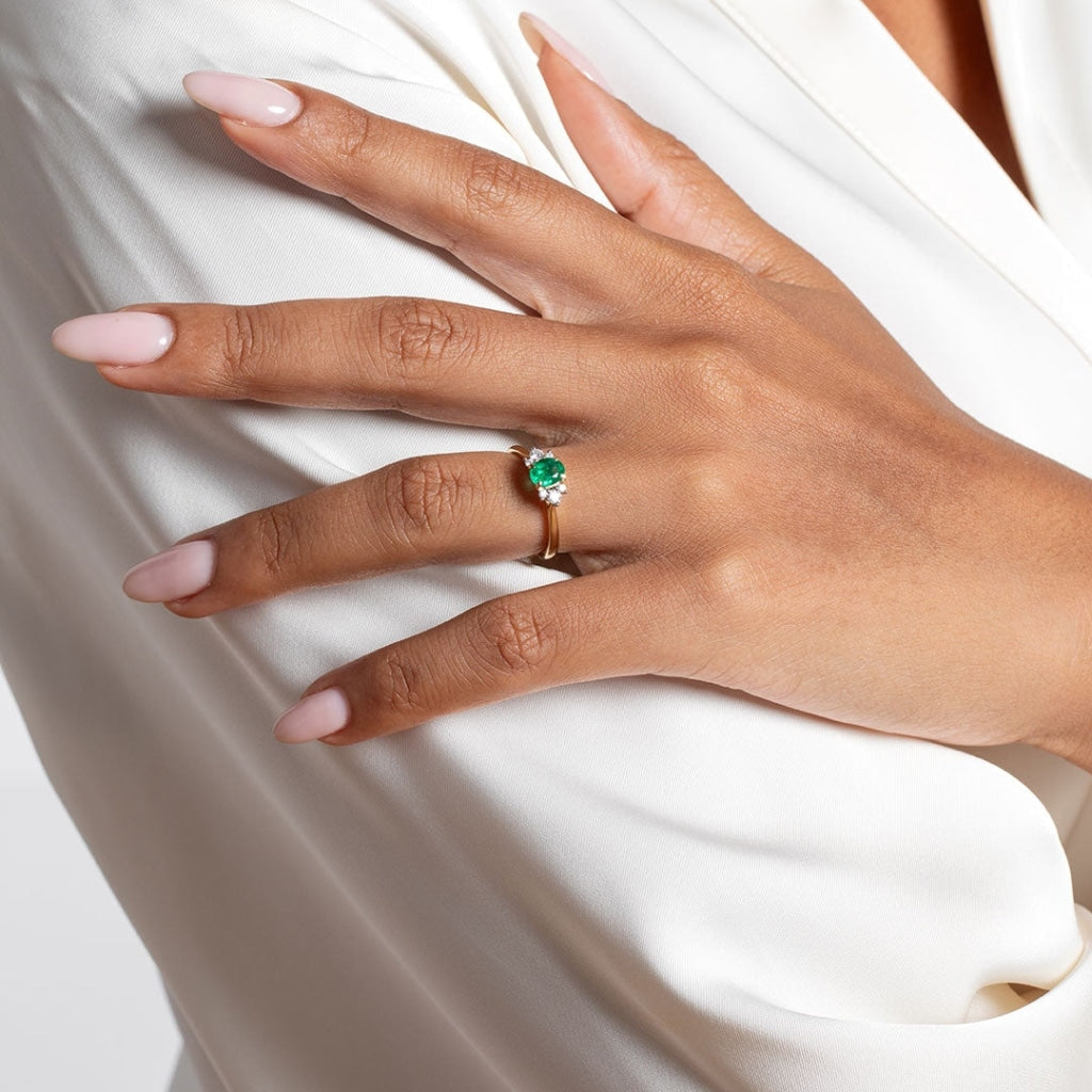 Olivia 18ct Gold Oval Emerald & Diamond Engagement Ring - Hand Model