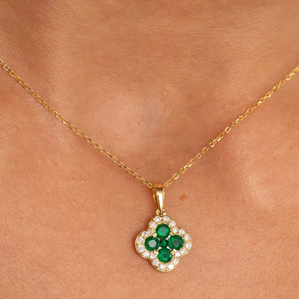Petite emerald palace necklace on neck