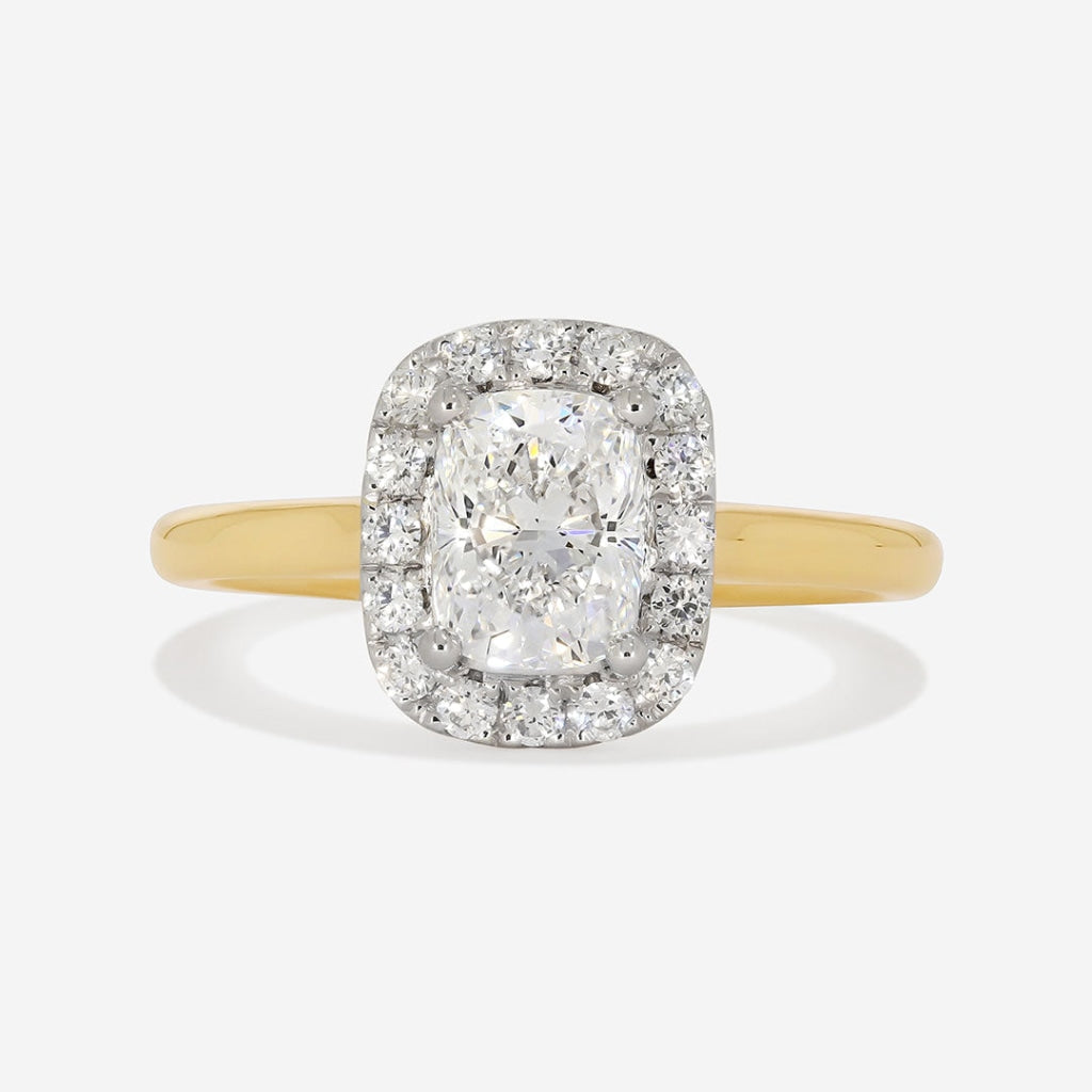 Rory - Cushion halo diamond engagement ring with a gold band