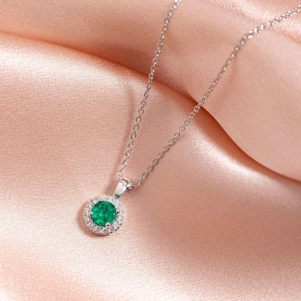 Round Halo Diamond & Emerald Necklace | 18ct White Gold - 