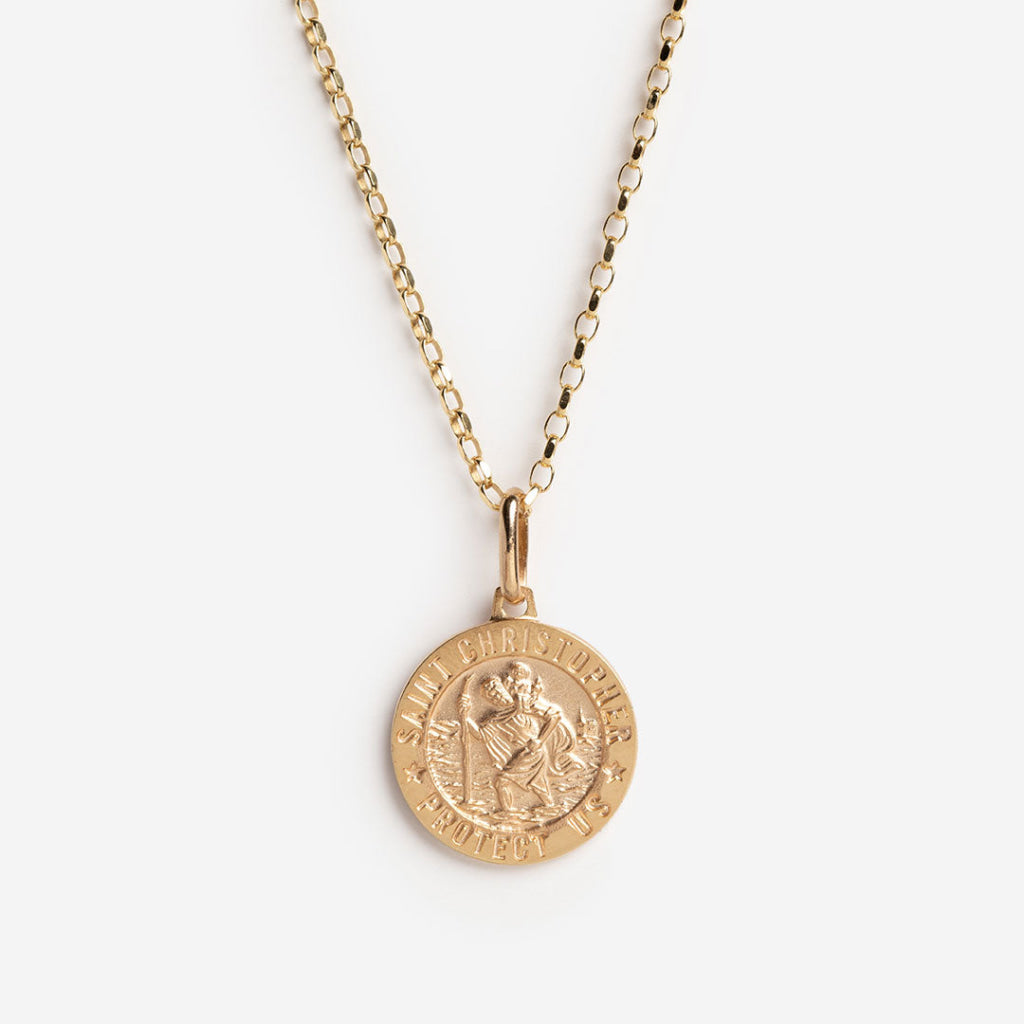 9ct gold small size St. Christopher medal, with chain.