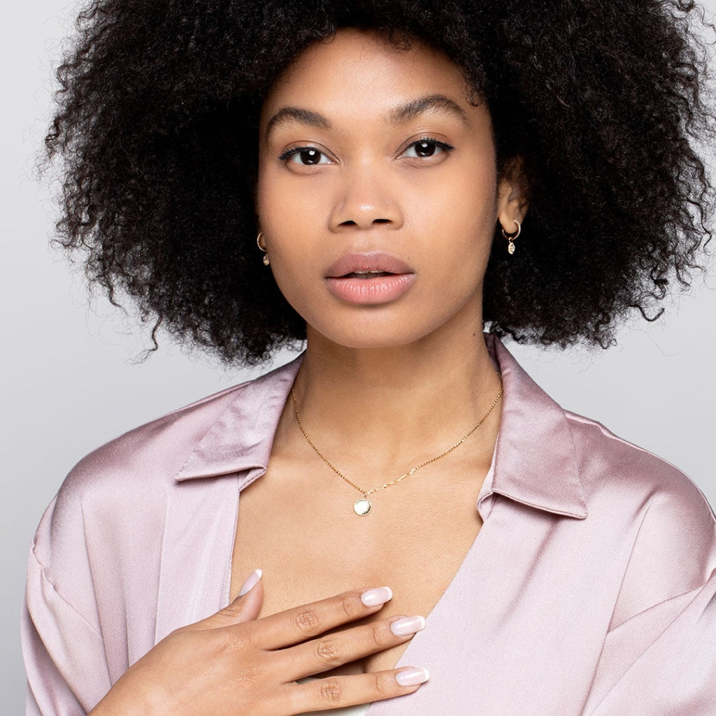 model wearing Sunlight Necklace | 9ct Gold - Necklace  close up