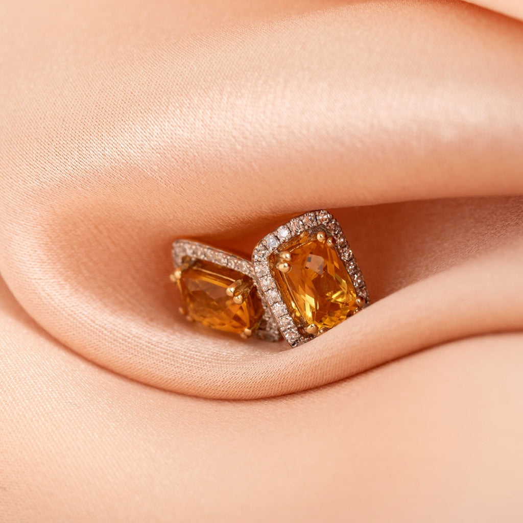 citrine earrings diamond halo on fabric