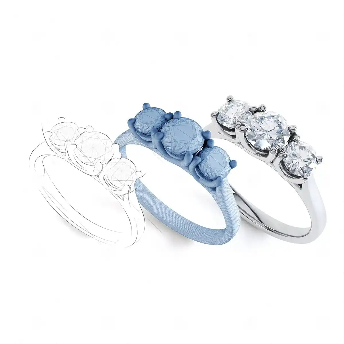 Three-stone engagement rings shown in sketch, blue, and silver variations.