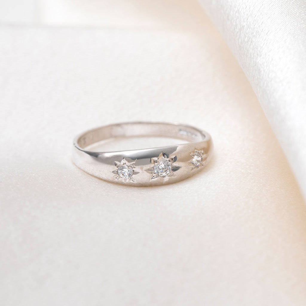 3 Stone Grain Set Zirconia Ring | 9ct White Gold - N - Rings