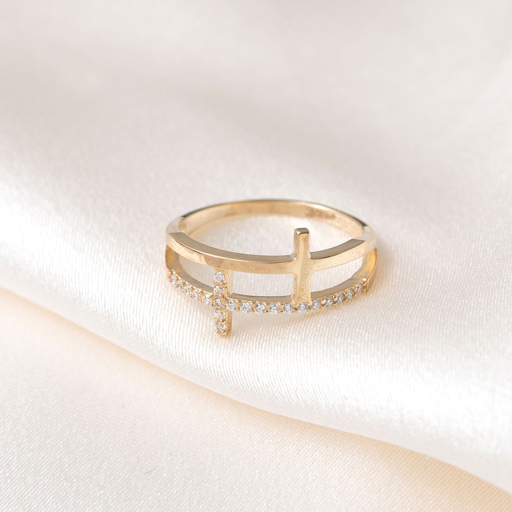 Double Cross Zirconia Ring | 9ct Gold