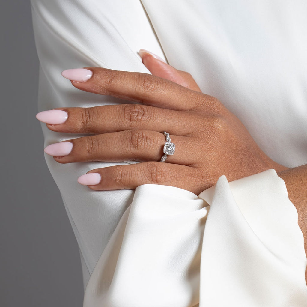 Models hand wearing Afton Diamond Ring - Platinum