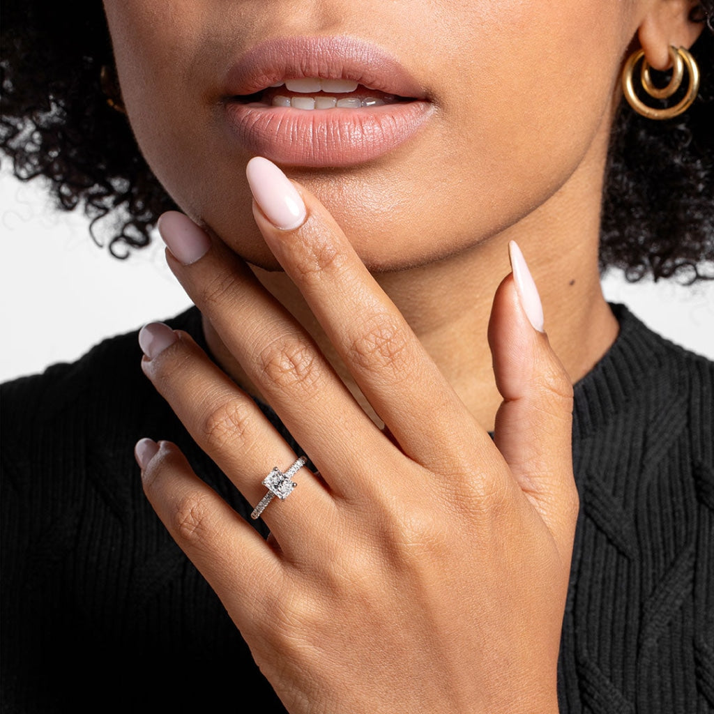 Woman wearing Ailesbury platinum diamond engagement ring