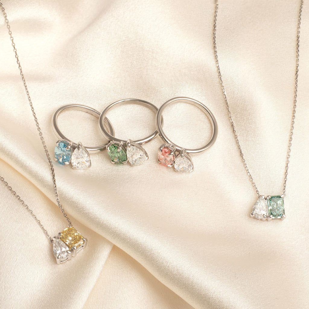 Amaya Lab Diamond Toi Et Moi Necklace | 18ct Gold - Necklace with coloured lab diamond jewellery collection.