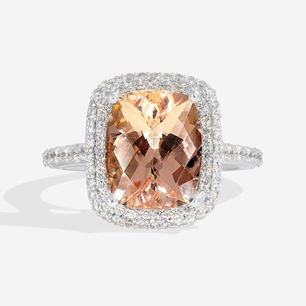 Atticus - Double diamond halo and large morganite gemstone ring in white gold