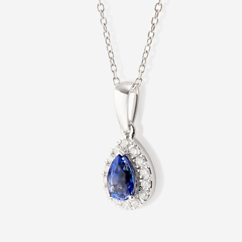 side view of diamond and sapphire necklace