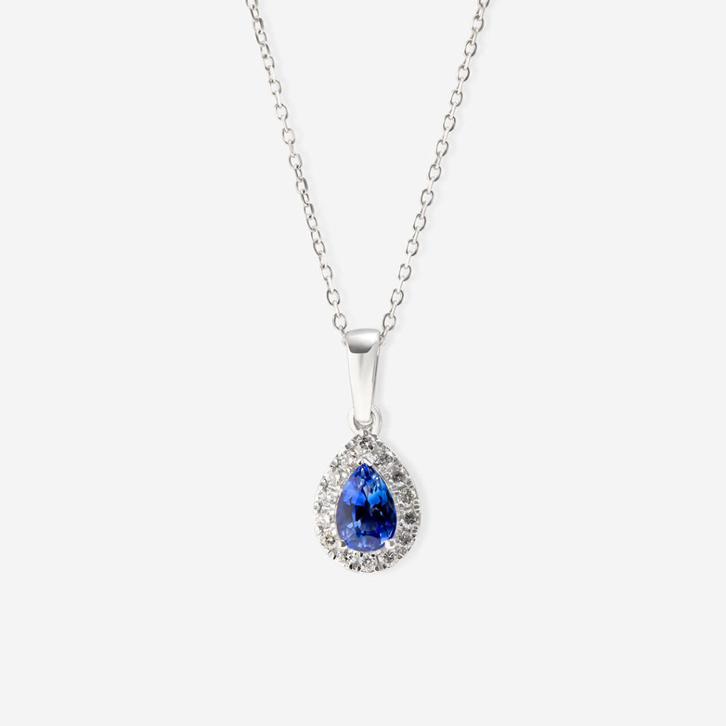 front of diamond and sapphire pendant on chain