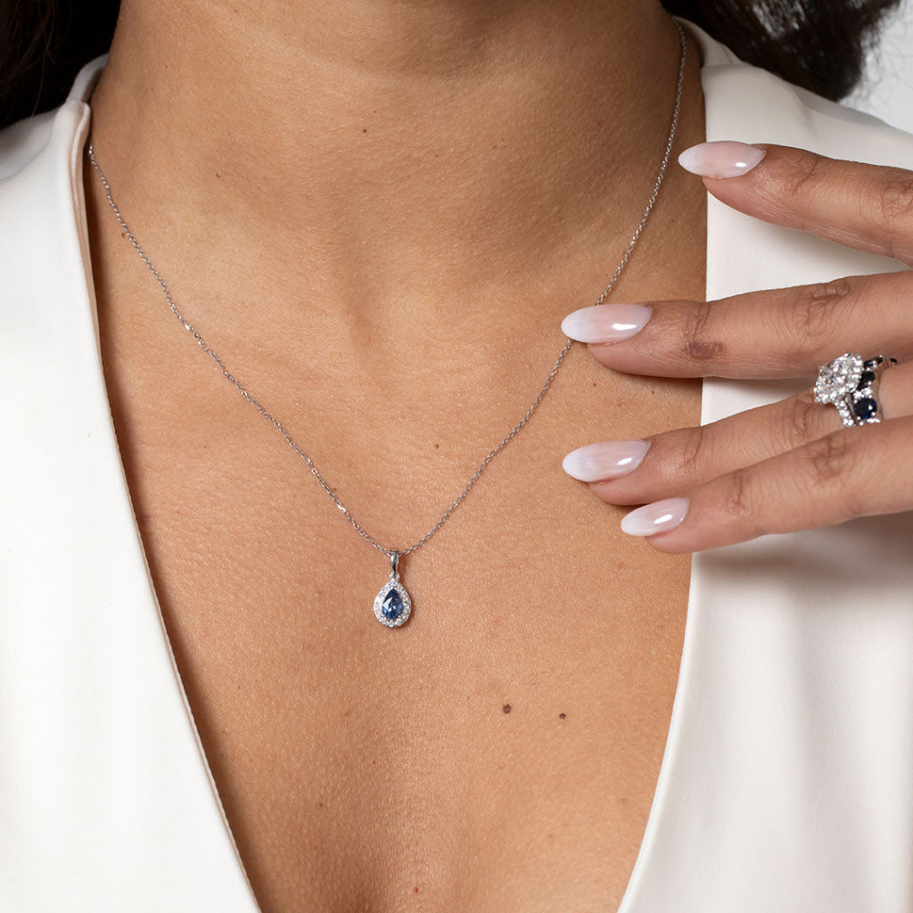Azul Sapphire & Diamond Halo Necklace | 18ct White Gold