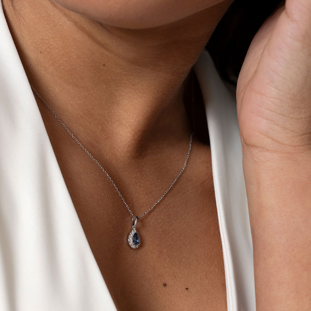 Azul Sapphire & Diamond Halo Necklace | 18ct White Gold