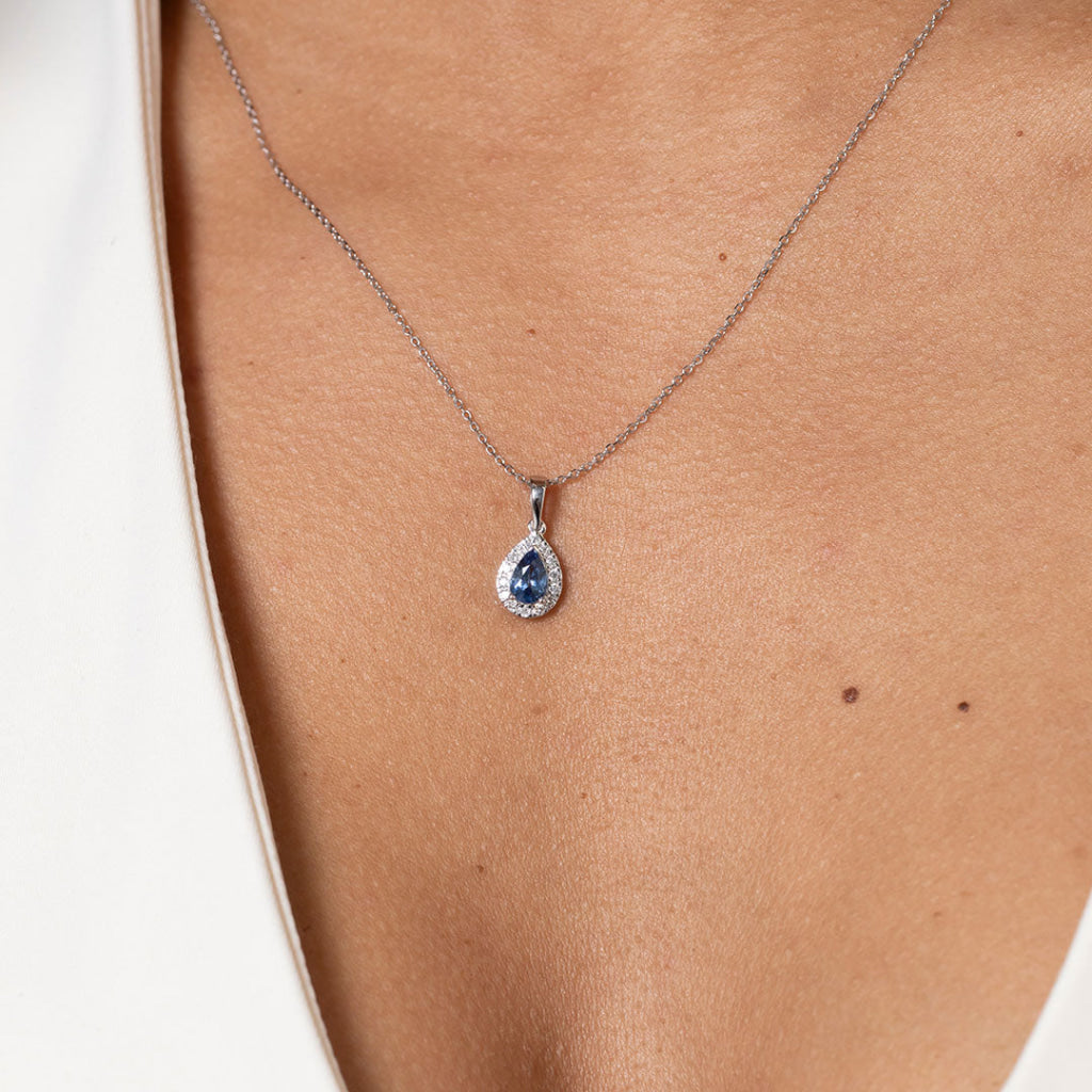 Azul Sapphire & Diamond Halo Necklace | 18ct White Gold
