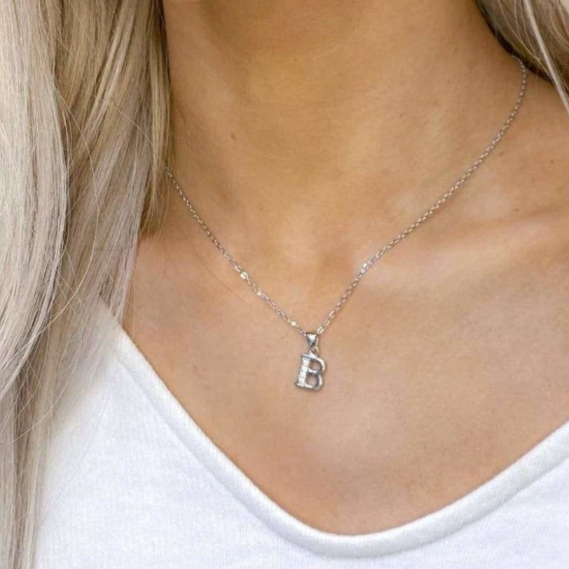 Woman wearing Sterling Silver B Initial Necklace