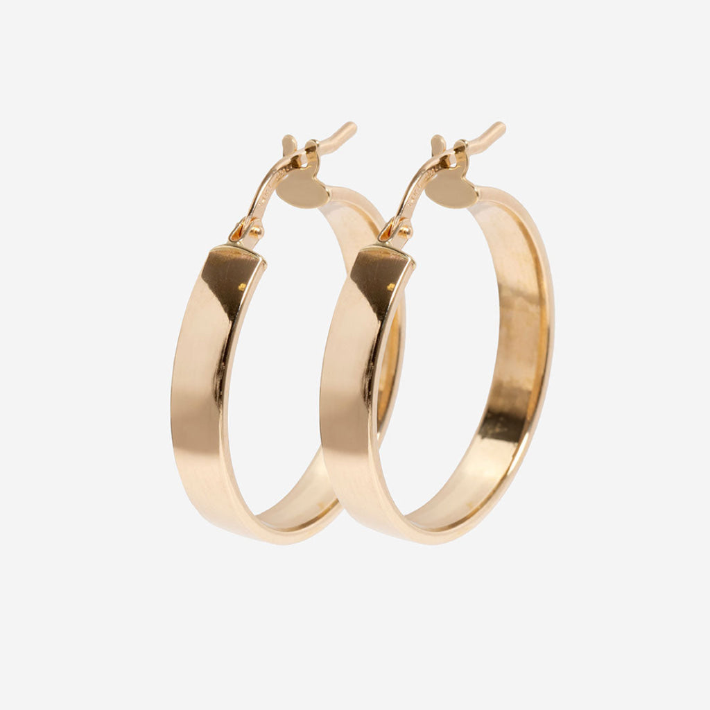 14ct yellow gold hoop earrings on a white background