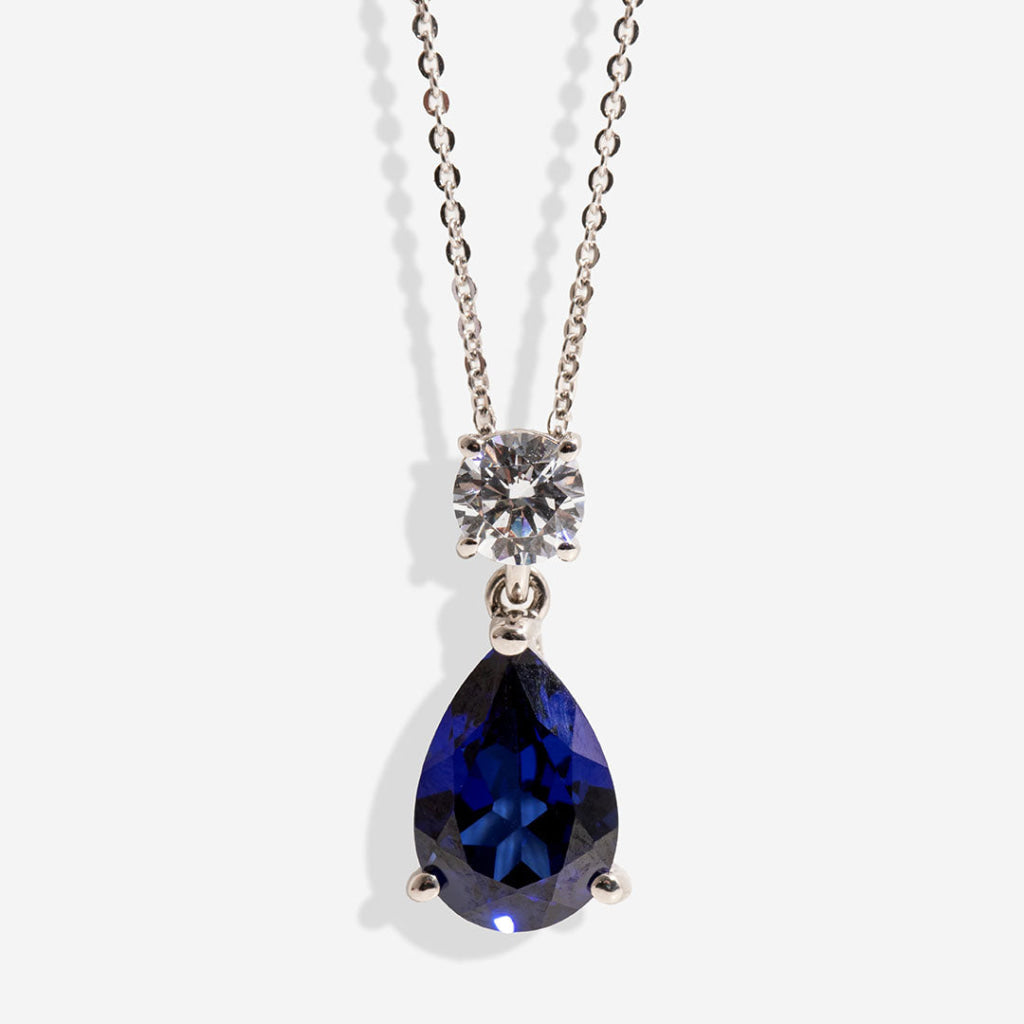 blue pear cut cubic zirconia pendant on silver chain