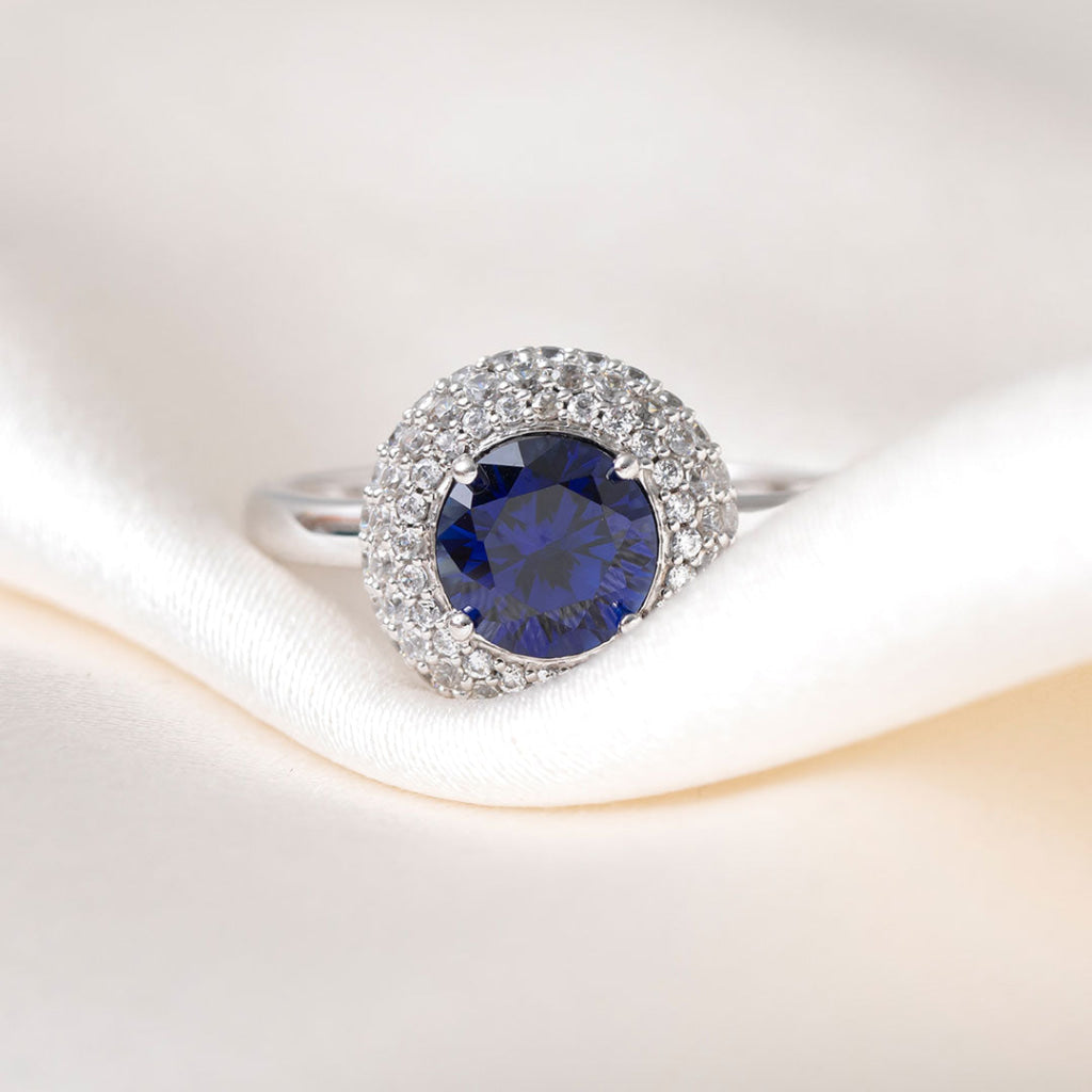 Blue Round Zirconia Ring | 9ct White Gold - P - Rings