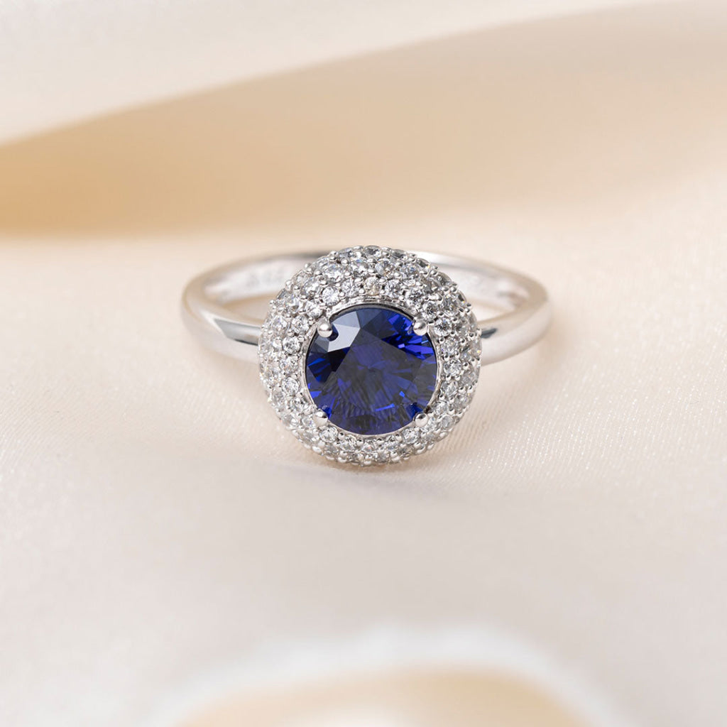 Blue Round Zirconia Ring | 9ct White Gold - P - Rings