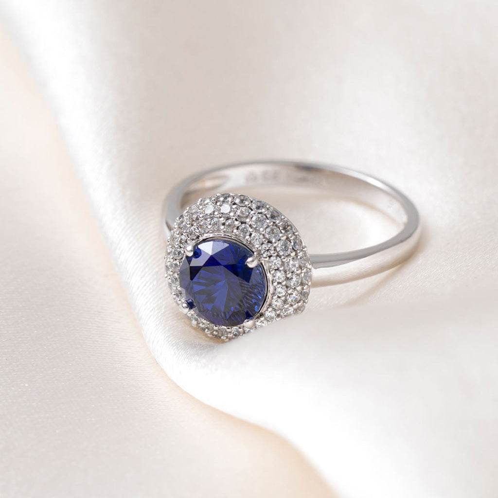 Blue Round Zirconia Ring | 9ct White Gold - P - Rings