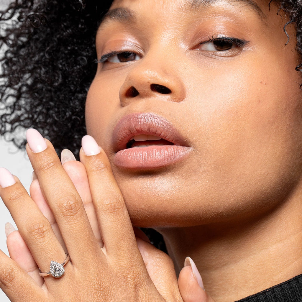 Woman wearing Bristol Pear Shaped Diamond Engagement Ring - Photo 2