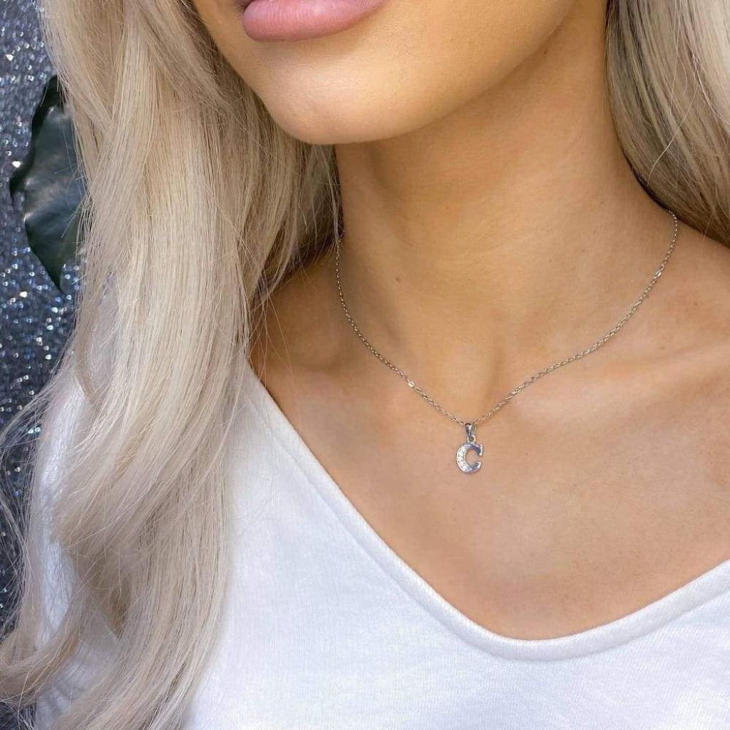 Woman wearing Sterling Silver C Initial Necklace_2