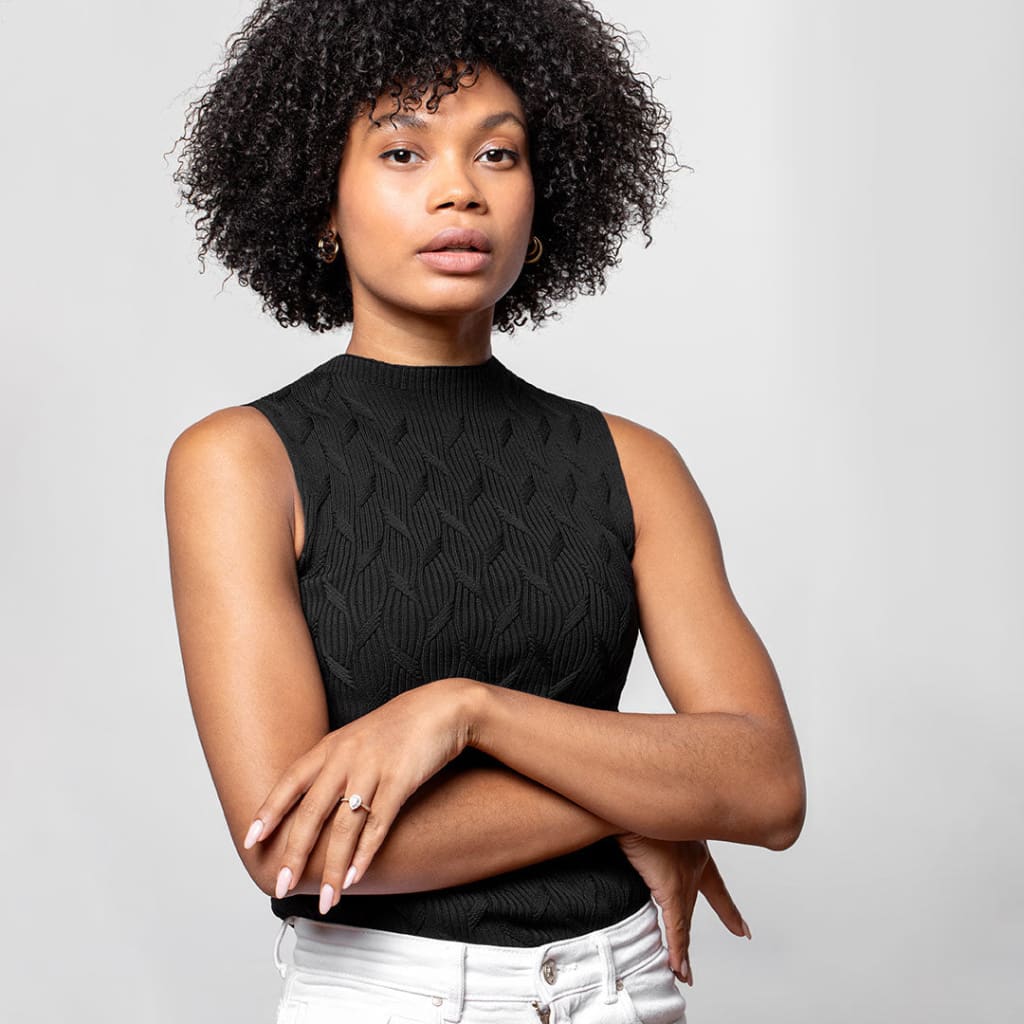 Model in black top wearing Caitriona Diamond Engagement Ring - Photo 1