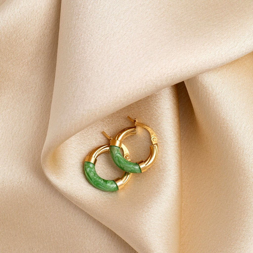 Gold hoop earrings with a green enamel finish 3