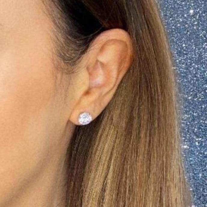Woman wearing 9ct gold Classic 7mm Stud Earrings | Gear Jewellers Dublin