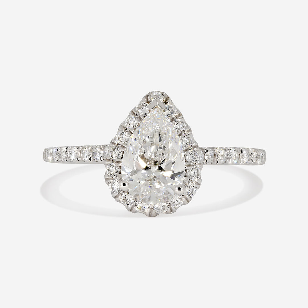 Cleo pear shape lab diamond ring on white background