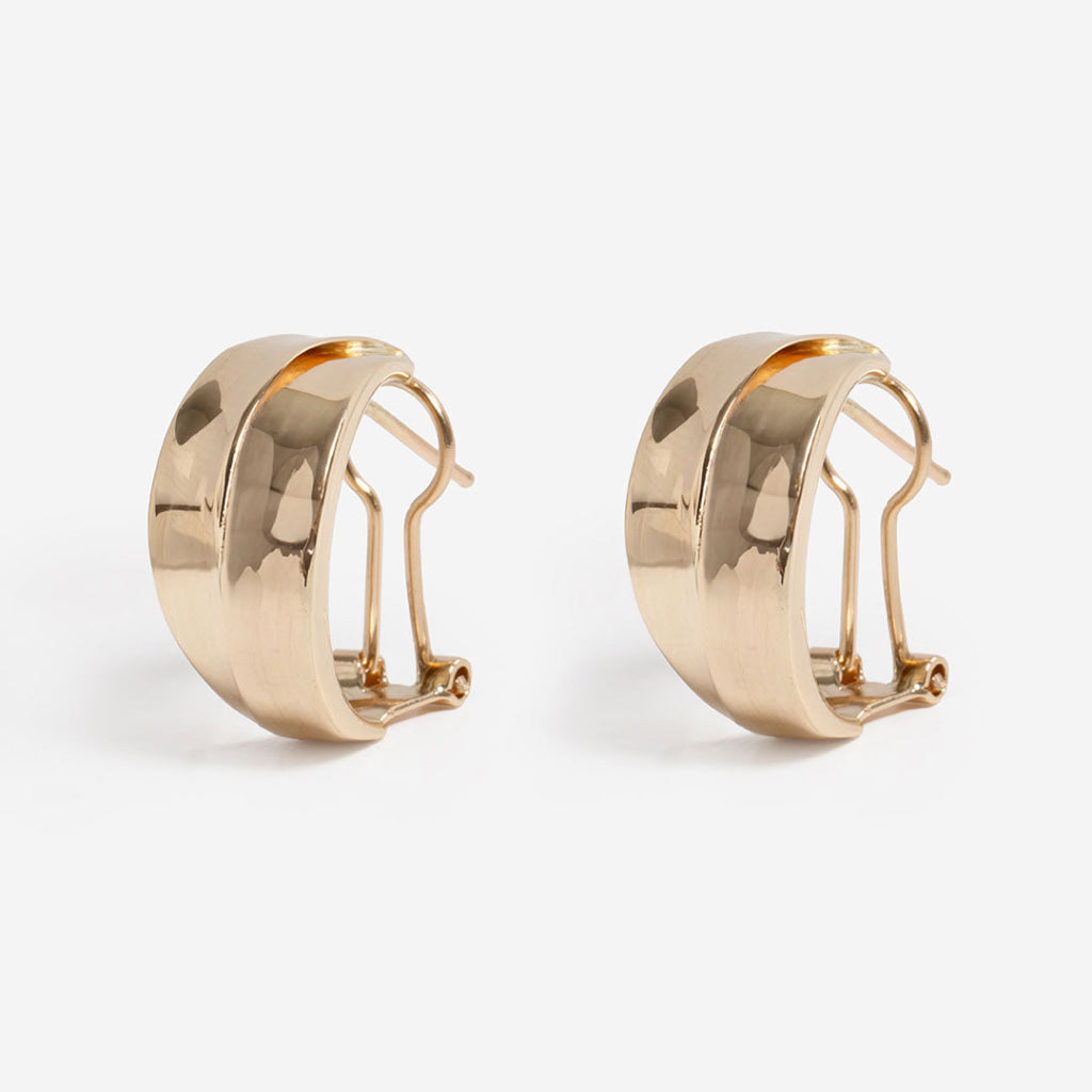 14ct yellow gold half hoop earrings on white background