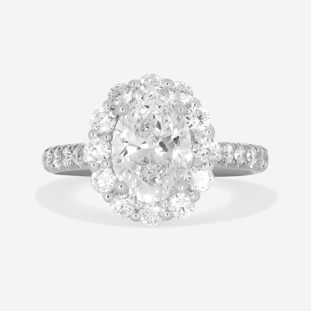 oval diamond halo engagement ring front view