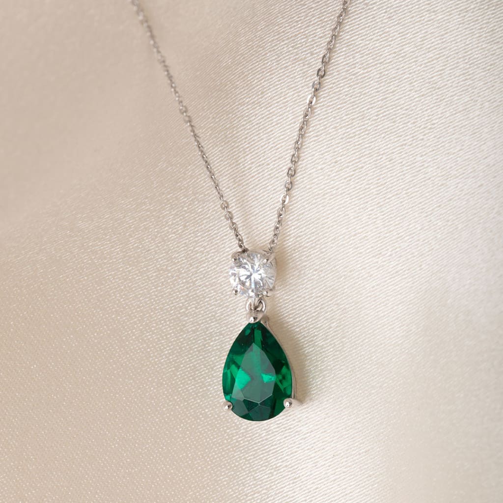 Created Emerald Pear Drop Necklace | 9ct White Gold