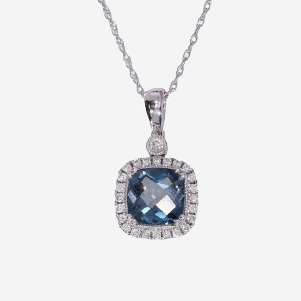 Cushion Blue Topaz & Diamond Necklace | 9ct White Gold -