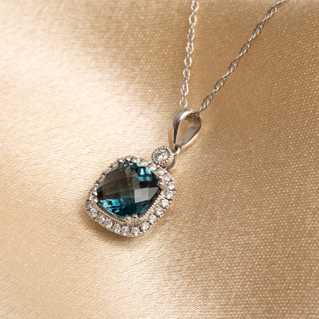 Cushion Blue Topaz & Diamond Necklace | 9ct White Gold