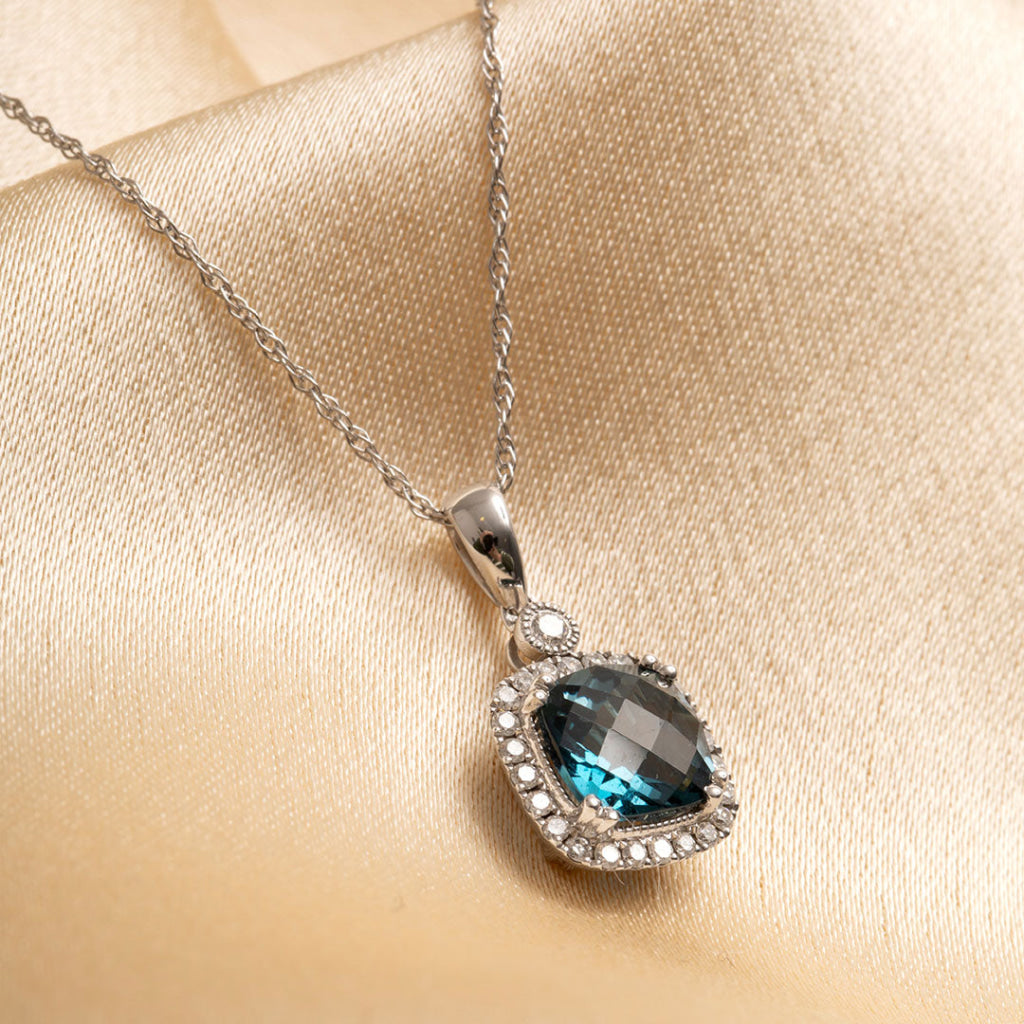 Cushion Blue Topaz & Diamond Necklace | 9ct White Gold